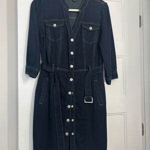 INC International Concepts Dark Navy Button-Front Belted Shirt Dress
